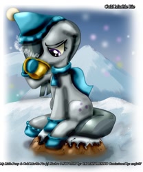 Size: 1427x1719 | Tagged: safe, artist:captainmexico, marble pie, earth pony, pony, boots, chocolate, clothes, cold, drinking, female, floppy ears, food, hat, hoof hold, hot chocolate, mare, scarf, shoes, snow, solo, winter