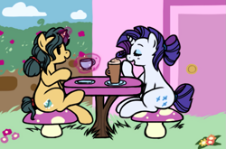 Size: 1115x738 | Tagged: safe, artist:breezietype, derpibooru import, fresh coat, rarity, pony, unicorn, 4chan, alternate hairstyle, chocolate, coffee, cup, door, drawthread, eyes closed, eyeshadow, female, flower, food, hot chocolate, levitation, magic, makeup, mare, missing accessory, open mouth, ponytail, saucer, sitting, smiling, table, telekinesis