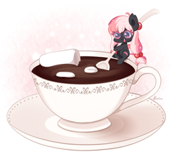 Size: 800x716 | Tagged: safe, artist:exceru-karina, oc, oc only, oc:strawberry devilcake, bat pony, pony, chocolate, cup, food, hot chocolate, solo, spoon