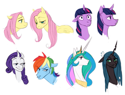 Size: 987x750 | Tagged: safe, artist:sangreazul, fluttershy, princess celestia, queen chrysalis, rainbow dash, rarity, twilight sparkle, alicorn, changeling, changeling queen, pegasus, pony, unicorn, bust, expressions, portrait