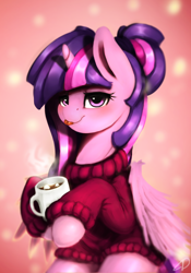 Size: 1400x2000 | Tagged: safe, artist:moondreamer16, twilight sparkle, twilight sparkle (alicorn), alicorn, pony, :p, alternate hairstyle, chocolate, clothes, coffee mug, female, food, heart eyes, hot chocolate, looking at you, mare, marshmallow, mug, smiling, solo, sweater, tongue out, wingding eyes