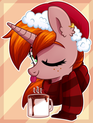 Size: 2808x3736 | Tagged: safe, artist:starrcoma, oc, oc only, oc:debra rose, pony, unicorn, blinking, bust, chocolate, christmas, clothes, ear piercing, earring, food, freckles, hat, holiday, horn, hot chocolate, jewelry, one eye closed, piercing, santa hat, scarf, simple background, solo, tongue out, wink