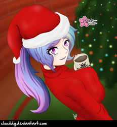 Size: 924x1000 | Tagged: safe, artist:clouddg, princess celestia, principal celestia, equestria girls, breasts, chocolate, christmas, christmas tree, clothes, cup, female, hat, holiday, hot chocolate, human coloration, princess breastia, santa hat, solo, tree