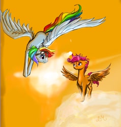 Size: 618x648 | Tagged: safe, artist:casualone, rainbow dash, scootaloo, pegasus, pony, cloud, cloudy, flying, goggles, sky