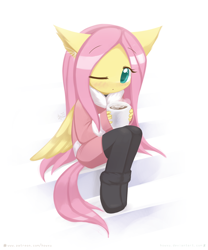 Size: 1200x1440 | Tagged: safe, artist:howxu, derpibooru import, fluttershy, anthro, pegasus, chocolate, clothes, coat, cute, daaaaaaaaaaaw, female, food, hnnng, hot chocolate, howxu is trying to murder us, looking at you, mare, one eye closed, pants, shyabetes, simple background, sitting, solo, white background
