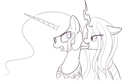 Size: 1223x814 | Tagged: safe, artist:mcsadat, princess celestia, queen chrysalis, alicorn, changeling, changeling queen, pony, grayscale, licking, long tongue, monochrome, simple background, tongue out