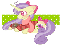 Size: 2048x1494 | Tagged: safe, artist:chococakebabe, oc, oc only, oc:meadow blossom, pony, unicorn, bow, chocolate, clothes, female, food, hair bow, hot chocolate, mare, prone, scarf, simple background, solo, sweater, transparent background
