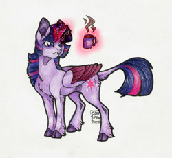 Size: 900x828 | Tagged: safe, artist:biakela, twilight sparkle, twilight sparkle (alicorn), alicorn, classical unicorn, pony, unicorn, chest fluff, chocolate, cloven hooves, colored wings, cutie mark, female, food, glowing horn, hot chocolate, leonine tail, magic, mare, simple background, solo, telekinesis, traditional art, unshorn fetlocks, white background