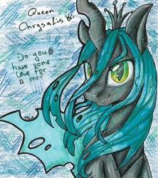Size: 851x957 | Tagged: safe, artist:theorderofalisikus, queen chrysalis, changeling, changeling queen, female, solo, traditional art