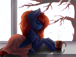 Size: 1600x1200 | Tagged: dead source, safe, artist:freckleplant, oc, oc only, oc:night coder, pegasus, pony, blanket, chocolate, eyes closed, female, flower, food, hot chocolate, mare, marshmallow, relaxing, smiling, solo, steam, tree, window, wings, ych result