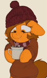 Size: 803x1328 | Tagged: safe, artist:marsminer, oc, oc only, oc:venus spring, pony, chocolate, clothes, cozy, cute, female, floppy ears, food, happy, hot chocolate, mare, ocbetes, solo, venus spring actually having a pretty good time