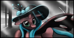 Size: 1255x637 | Tagged: safe, artist:auroriia, queen chrysalis, changeling, changeling queen, female, hat, horn, solo