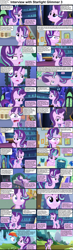 Size: 1280x4375 | Tagged: safe, derpibooru import, rainbow dash, starlight glimmer, pegasus, pony, unicorn, comic:celestia's servant interview, caption, chocolate, comic, cs captions, empathy cocoa, faic, female, food, hot chocolate, interview, looking at you, mare, marshmallow, mug, scared, school of friendship, twilight's castle