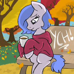 Size: 2100x2100 | Tagged: safe, artist:lannielona, pony, autumn, bench, chocolate, clothes, coffee, commission, falling leaves, female, food, hoodie, hot chocolate, leaves, mare, morning, sketch, solo, tea, tree, your character here