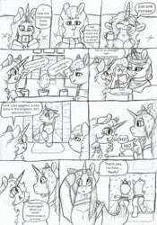 Size: 1157x1656 | Tagged: safe, artist:69beas, oc, oc:jessie feuer, oc:khal, oc:luke pineswood, alicorn, pegasus, pony, unicorn, comic:jessie loves to break rules, alicorn oc, chocolate, comic, cute, fluffy, food, hot chocolate, magic, monochrome, snow, tongue out