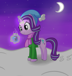 Size: 1783x1866 | Tagged: safe, artist:artiks, starlight glimmer, pony, unicorn, chocolate, clothes, female, food, footprint, hot chocolate, levitation, magic, mare, moon, mug, scarf, snow, solo, stars, sweater, telekinesis, winter outfit