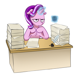 Size: 1024x1022 | Tagged: safe, artist:hamanaki, starlight glimmer, pony, unicorn, chest fluff, chocolate, desk, empathy cocoa, food, glowing horn, guidance counselor, hot chocolate, paper, quill, solo, unamused