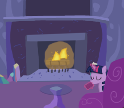 Size: 4000x3500 | Tagged: safe, artist:devfield, twilight sparkle, pony, chocolate, crystal, cup, fire, fireplace, food, glass table, glow, glowing horn, hot chocolate, levitation, log, magic, shading, sofa, solo, table, telekinesis, twilight's castle