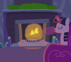 Size: 4000x3500 | Tagged: safe, artist:devfield, twilight sparkle, pony, chocolate, crystal, cup, drink, fire, fireplace, food, glow, glowing horn, hot chocolate, levitation, log, magic, redo, shading, sofa, solo, telekinesis, text, twilight's castle