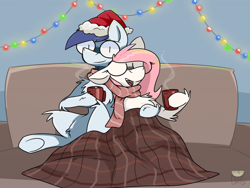Size: 700x525 | Tagged: safe, artist:dfs, artist:difis, oc, oc only, oc:slipstream, oc:sugar morning, pegasus, pony, blanket, chocolate, christmas, christmas light, clothes, couple, female, food, happy hearth's warming, hat, hearth's warming, hearth's warming eve, holiday, hot chocolate, male, mare, merry christmas, oc x oc, pillow, santa hat, scarf, shipping, stallion, straight, sugarstream, ych result