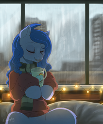 Size: 1600x1924 | Tagged: safe, artist:evomanaphy, oc, oc only, oc:shadow blue, earth pony, pony, semi-anthro, chocolate, clothes, cozy, doodle, eyes closed, female, food, hot chocolate, mare, mug, patreon, patreon reward, pullover, scarf, solo