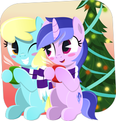 Size: 5651x5913 | Tagged: safe, artist:jhayarr23, sassaflash, sea swirl, seafoam, absurd resolution, blushing, chocolate, christmas, christmas lights, christmas tree, clothes, commission, cute, female, food, holiday, hot chocolate, lesbian, one eye closed, sassaswirl, scarf, shared clothing, shared scarf, shipping, smiling, tree, wink, ych result