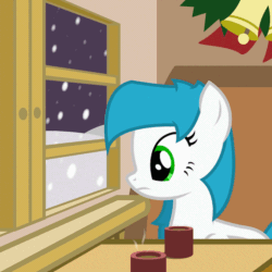 Size: 800x800 | Tagged: safe, artist:zylgchs, derpibooru exclusive, oc, oc only, oc:cynosura, animated, chocolate, christmas, cute, food, gif, hearth's warming eve, holiday, hot chocolate, looking at you, ocbetes, smiling, snow, solo, vector, window, winter