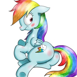 Size: 750x750 | Tagged: safe, artist:mingy.h, rainbow dash, pegasus, pony, blushing, butt blush, embarrassed, female, mare, pixiv, plot, profile, rainbutt dash, simple background, solo, underhoof, white background