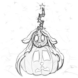 Size: 512x512 | Tagged: safe, artist:briarspark, queen chrysalis, changeling, changeling queen, jack-o-lantern, monochrome, pixiv, pumpkin, snow, snowfall, solo