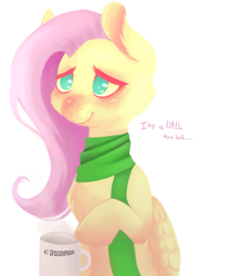 Size: 1673x2000 | Tagged: safe, artist:miss-cats, derpibooru import, fluttershy, pegasus, pony, chocolate, clothes, cup, folded wings, food, hot chocolate, scarf, simple background, solo, speech, white background