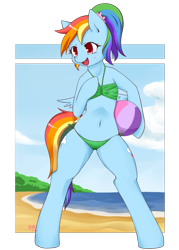 Size: 971x1359 | Tagged: safe, artist:dieva4130, rainbow dash, pegasus, pony, semi-anthro, alternate hairstyle, ball, beach ball, belly button, bikini, blushing, clothes, cute, dashabetes, female, mare, open mouth, open smile, pinup, ponytail, side-tie bikini, smiling, solo, string bikini, swimsuit