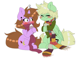 Size: 400x300 | Tagged: safe, artist:doodlehorse, oc, oc only, oc:doodle, oc:thespian script, blushing, chocolate, clothes, doodlescript, female, food, hot chocolate, male, oc x oc, scarf, shipping, straight