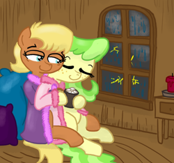 Size: 640x600 | Tagged: safe, artist:ficficponyfic, chickadee, ms. harshwhinny, ms. peachbottom, bedroom eyes, cuddling, eyes closed, female, harshbottom, hot chocolate, lesbian, sitting, snuggling, spooning, thunderstorm