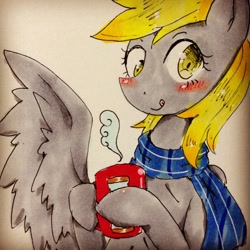 Size: 1280x1280 | Tagged: safe, artist:divided-s, derpy hooves, pegasus, pony, clothes, female, hot chocolate, mare, scarf, solo, traditional art