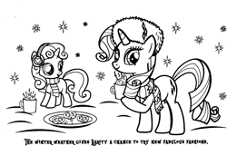 Size: 1688x1088 | Tagged: safe, derpibooru import, part of a set, rarity, sweetie belle, pony, unicorn, chocolate, clothes, coloring book, cookie, earmuffs, female, filly, food, hat, hearth's warming eve, hearth's warming eve coloring book, hot chocolate, indexed png, mare, monochrome, official, scan, scarf, simple background, snow, snowfall, stock vector, white background