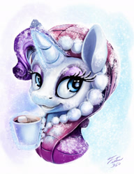 Size: 1804x2353 | Tagged: safe, artist:tsitra360, derpibooru import, part of a set, rarity, pony, unicorn, bedroom eyes, clothes, cute, female, hat, hot chocolate, mare, raribetes, snow, snowfall, solo, winter