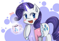 Size: 1024x720 | Tagged: safe, artist:tikrs007, derpibooru import, rarity, pony, unicorn, blushing, chocolate, clothes, food, hot chocolate, magic, marshmallow, scarf, solo, telekinesis, winter