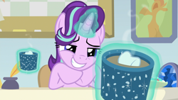 Size: 1920x1080 | Tagged: safe, screencap, starlight glimmer, pony, unicorn, marks for effort, chocolate, cup, empathy cocoa, female, food, glowing horn, hot chocolate, magic, mare, marshmallow, solo, telekinesis