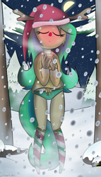 Size: 3456x6048 | Tagged: safe, artist:zacproductions, oc, oc only, oc:glimmering springs, anthro, aquabats, christmas, clothes, constellation, deadmau5, easter, easter egg, hot chocolate, littlebigplanet, over the garden wall, panties, pine tree, ribbon, snow, snowfall, socks, steam, sweater, tree, underwear, winter