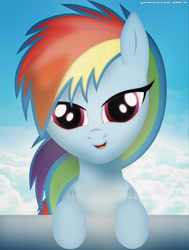 Size: 2095x2764 | Tagged: dead source, safe, artist:vipeydashie, rainbow dash, pegasus, pony, cloud, female, front view, lidded eyes, looking at you, mare, signature, smiling, solo
