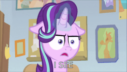 Size: 600x338 | Tagged: safe, edit, edited screencap, screencap, starlight glimmer, pony, unicorn, marks for effort, :i, animated, caption, chocolate, cup, drinking, empathy cocoa, faic, floppy ears, food, gif, guidance counselor, hot chocolate, i mean i see, shrunken pupils, solo, stare, starlight's office