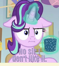 Size: 388x432 | Tagged: safe, edit, edited screencap, screencap, starlight glimmer, pony, unicorn, marks for effort, :i, chocolate, cropped, cup, empathy cocoa, floppy ears, food, hot chocolate, i don't like it, i mean i see, levitation, magic, marshmallow, mr. horse, ren and stimpy, solo, telekinesis