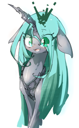 Size: 1870x3035 | Tagged: safe, artist:toki, queen chrysalis, changeling, changeling queen, bust, crown, cute, cutealis, female, floppy ears, jewelry, open mouth, pixiv, regalia, simple background, solo, white background