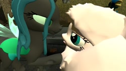 Size: 1280x720 | Tagged: safe, queen chrysalis, oc, oc:fluffle puff, changeling, changeling queen, 3d, bedroom eyes, cataquack, feeding, female, gmod, imminent kissing, lesbian, looking, love, shipping, stare, touch