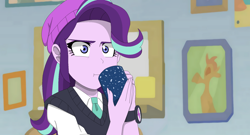 Size: 1782x965 | Tagged: safe, artist:fantasygerard2000, starlight glimmer, equestria girls, marks for effort, beanie, chocolate, empathy cocoa, equestria girls interpretation, food, hat, hot chocolate, i mean i see, scene interpretation, sweater vest, watch, wristwatch