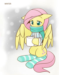 Size: 860x1080 | Tagged: safe, artist:howxu, derpibooru import, fluttershy, pegasus, pony, chocolate, clothes, cropped, cute, female, food, hot chocolate, mug, scarf, shyabetes, snow, socks, solo, striped socks