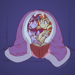 Size: 2421x2421 | Tagged: safe, artist:overlordneon, sunset shimmer, twilight sparkle, twilight sparkle (alicorn), alicorn, pony, blanket, book, chocolate, duo, female, food, glowing horn, hot chocolate, lesbian, looking at each other, magic, mare, mug, open mouth, shipping, smiling, sunsetsparkle