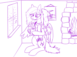 Size: 4000x3000 | Tagged: safe, artist:liserancascade, oc, oc only, oc:silica tetrahedron, pegasus, pony, chocolate, clothes, fireplace, food, hot chocolate, monochrome, scarf, snow