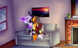 Size: 5926x3685 | Tagged: safe, artist:sweetmelon556, oc, oc only, oc:speckled night, oc:vampyro, bat pony, pony, unicorn, chocolate, clothes, female, fireplace, food, high res, hot chocolate, male, mare, sofa, stallion, sweater