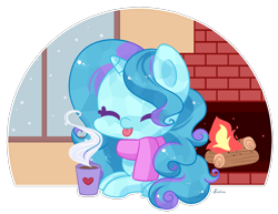 Size: 1681x1298 | Tagged: safe, artist:exceru-karina, oc, oc only, oc:winter doodle, crystal pony, chocolate, clothes, cute, fireplace, food, hot chocolate, scarf, simple background, tongue out, transparent background, winter